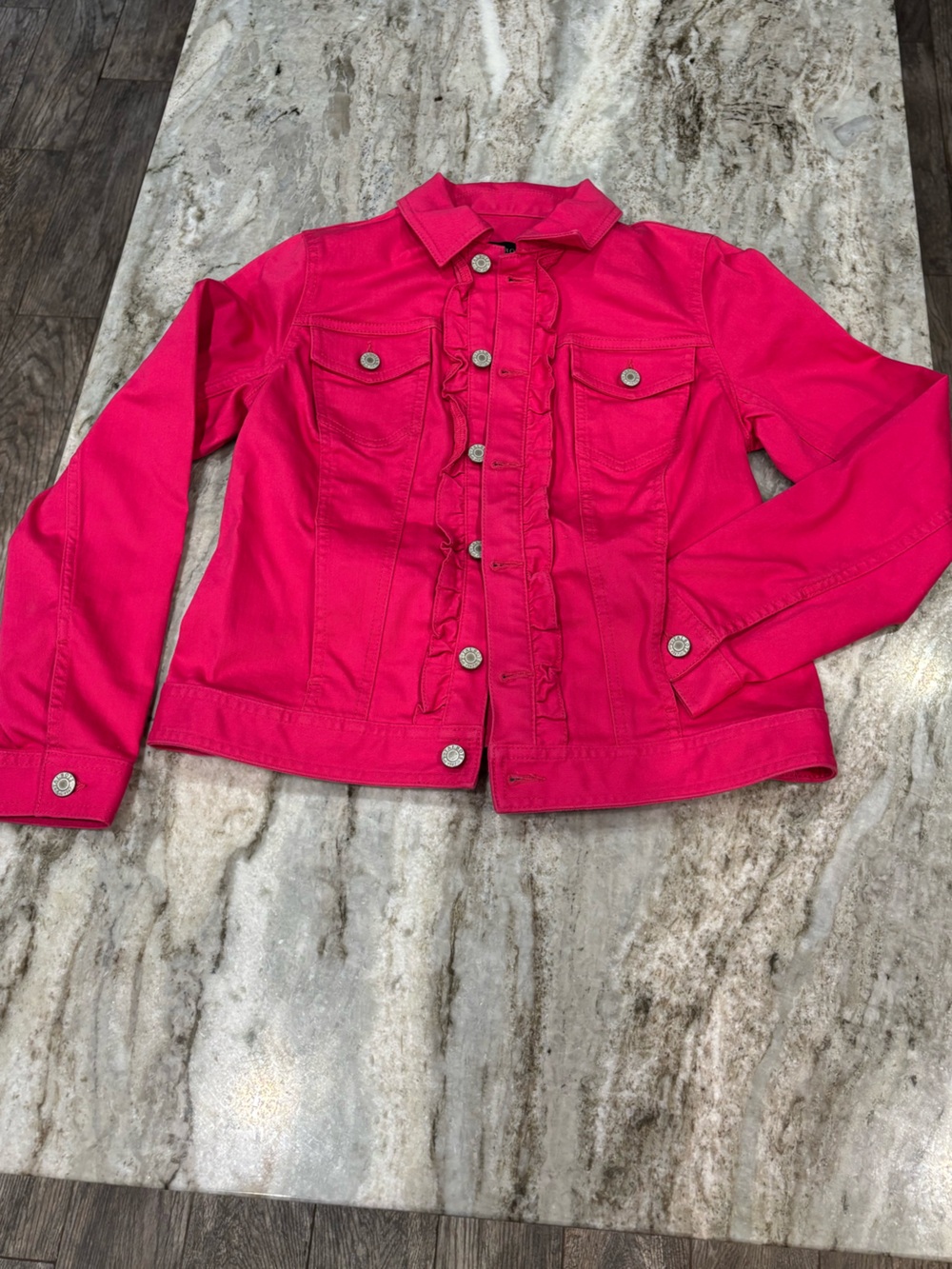 Talbots Women's Pink Ruffle-Trim Denim Jacket size SP - Picture 2 of 9
